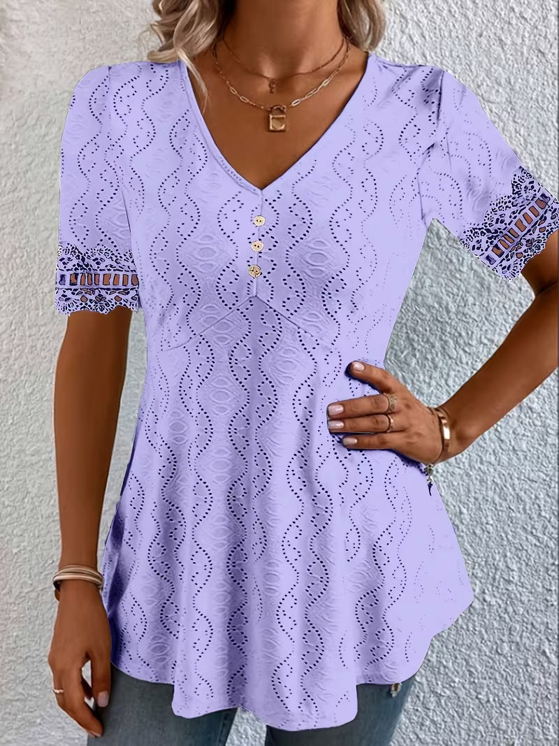 Women's V-Neck Lace Short Sleeve Top