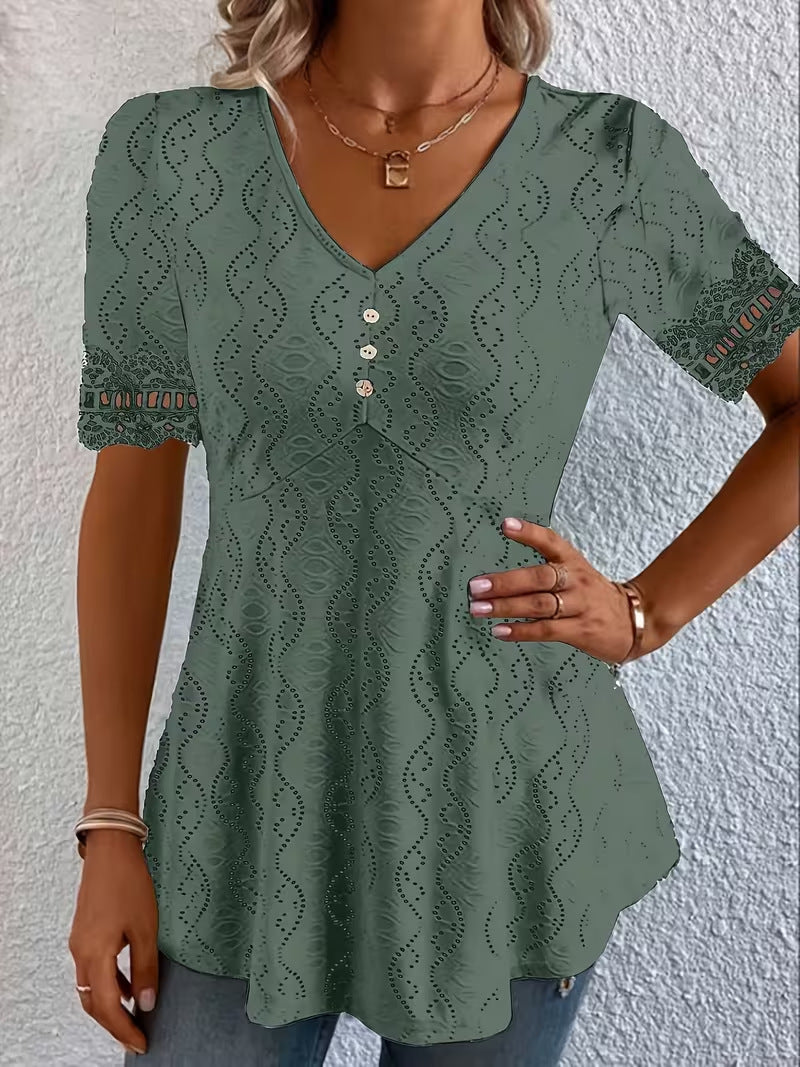 Women's V-Neck Lace Short Sleeve Top