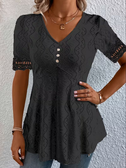 Women's V-Neck Lace Short Sleeve Top