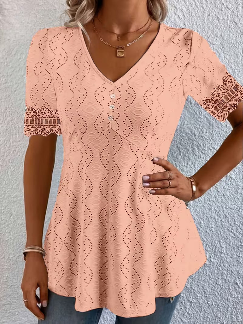 Women's V-Neck Lace Short Sleeve Top