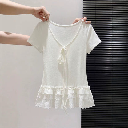 Women's V-Neck Lace-Up Pure Cotton T-Shirt