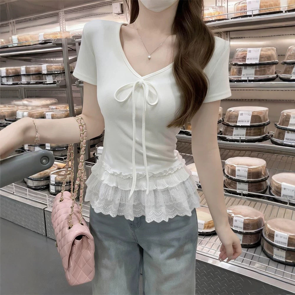 Women's V-Neck Lace-Up Pure Cotton T-Shirt