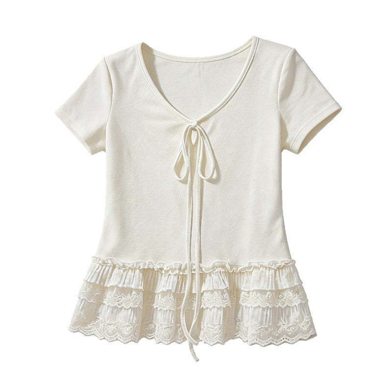 Women's V-Neck Lace-Up Pure Cotton T-Shirt
