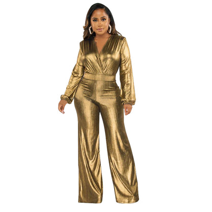 Women's V-Neck Lantern Sleeve Bronzing Jumpsuit