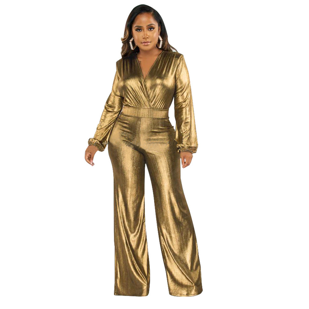 Women's V-Neck Lantern Sleeve Bronzing Jumpsuit