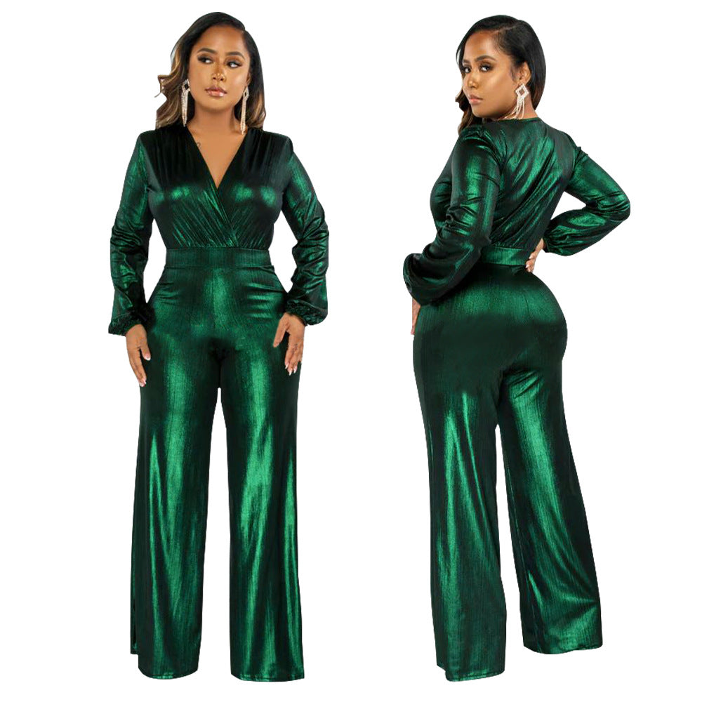 Women's V-Neck Lantern Sleeve Bronzing Jumpsuit