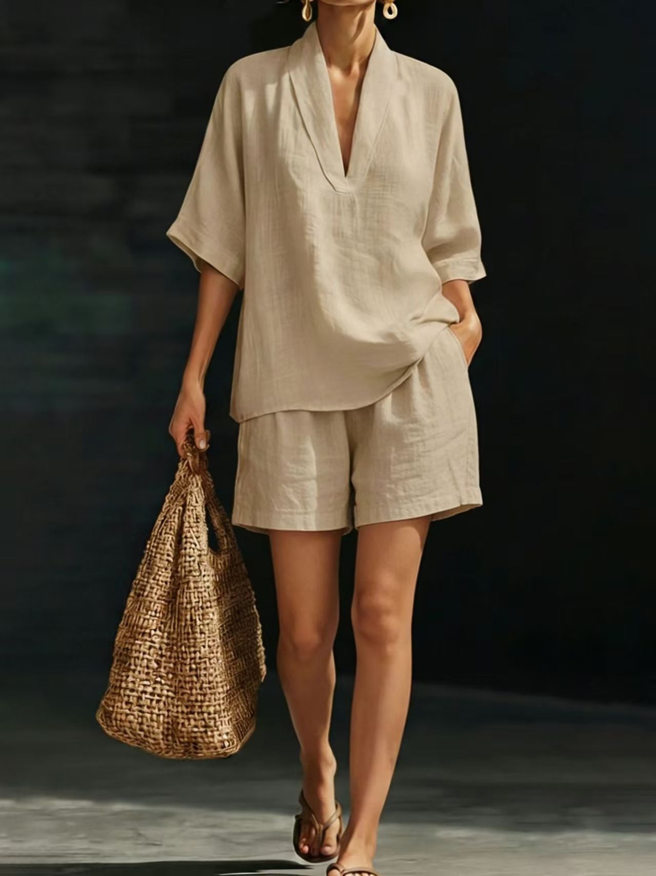 Women's V-Neck Linen Two-Piece Set
