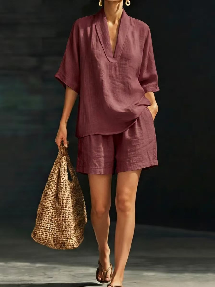 Women's V-Neck Linen Two-Piece Set
