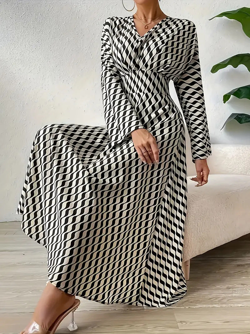 Women's V-Neck Long-Sleeve Printed A-Line Dress