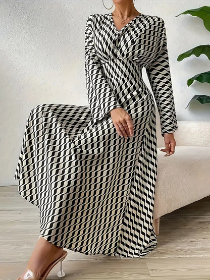 Women's V-Neck Long-Sleeve Printed A-Line Dress