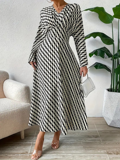 Women's V-Neck Long-Sleeve Printed A-Line Dress