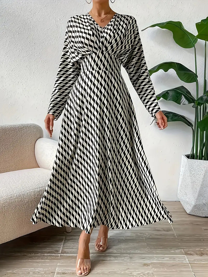 Women's V-Neck Long-Sleeve Printed A-Line Dress