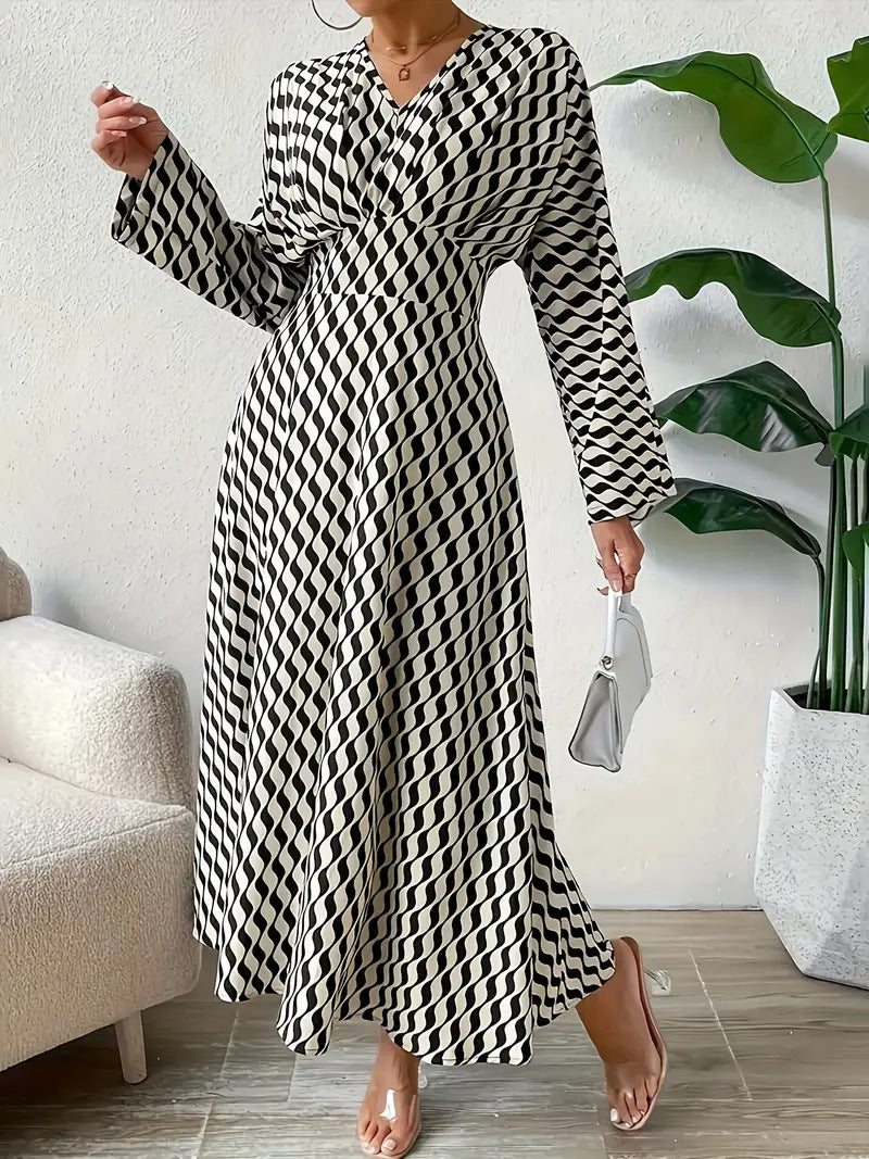 Women's V-Neck Long-Sleeve Printed A-Line Dress