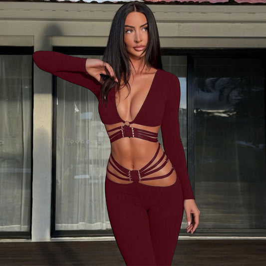 Women's V-neck Long Sleeve Top and Wide Leg Pants Set