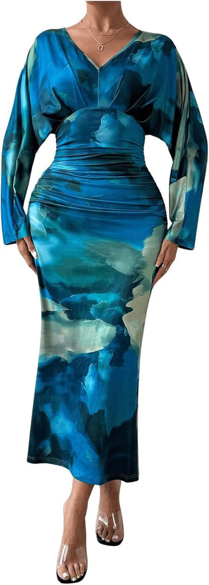 Women's V-neck Pleated Bat Sleeve Dress