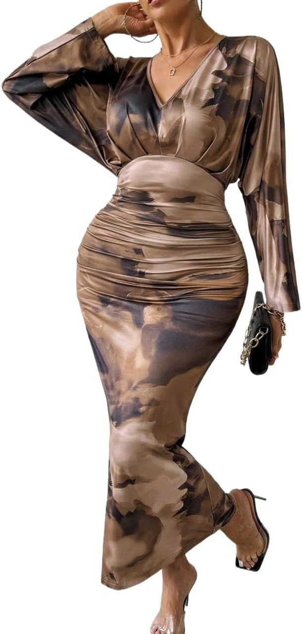 Women's V-neck Pleated Bat Sleeve Dress