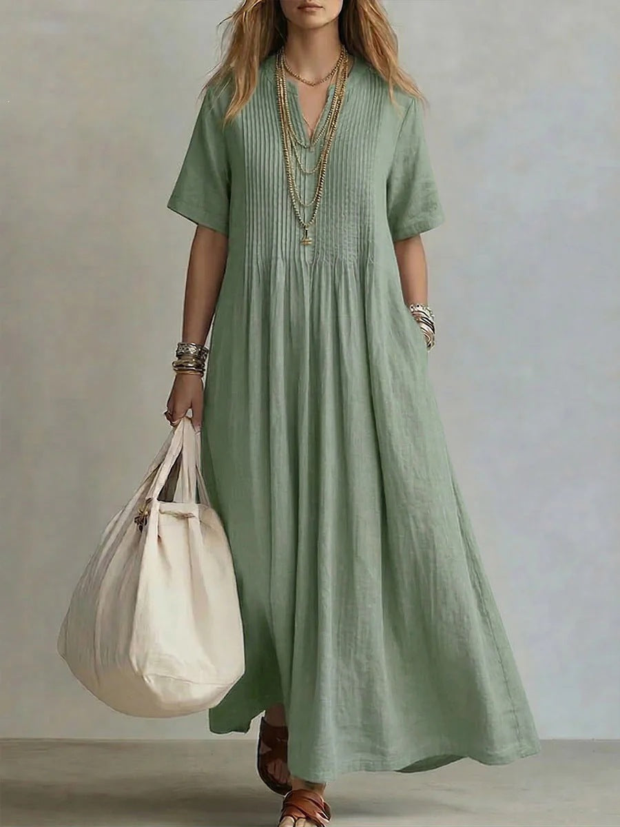 Women's V-Neck Pleated Cotton Linen Dress