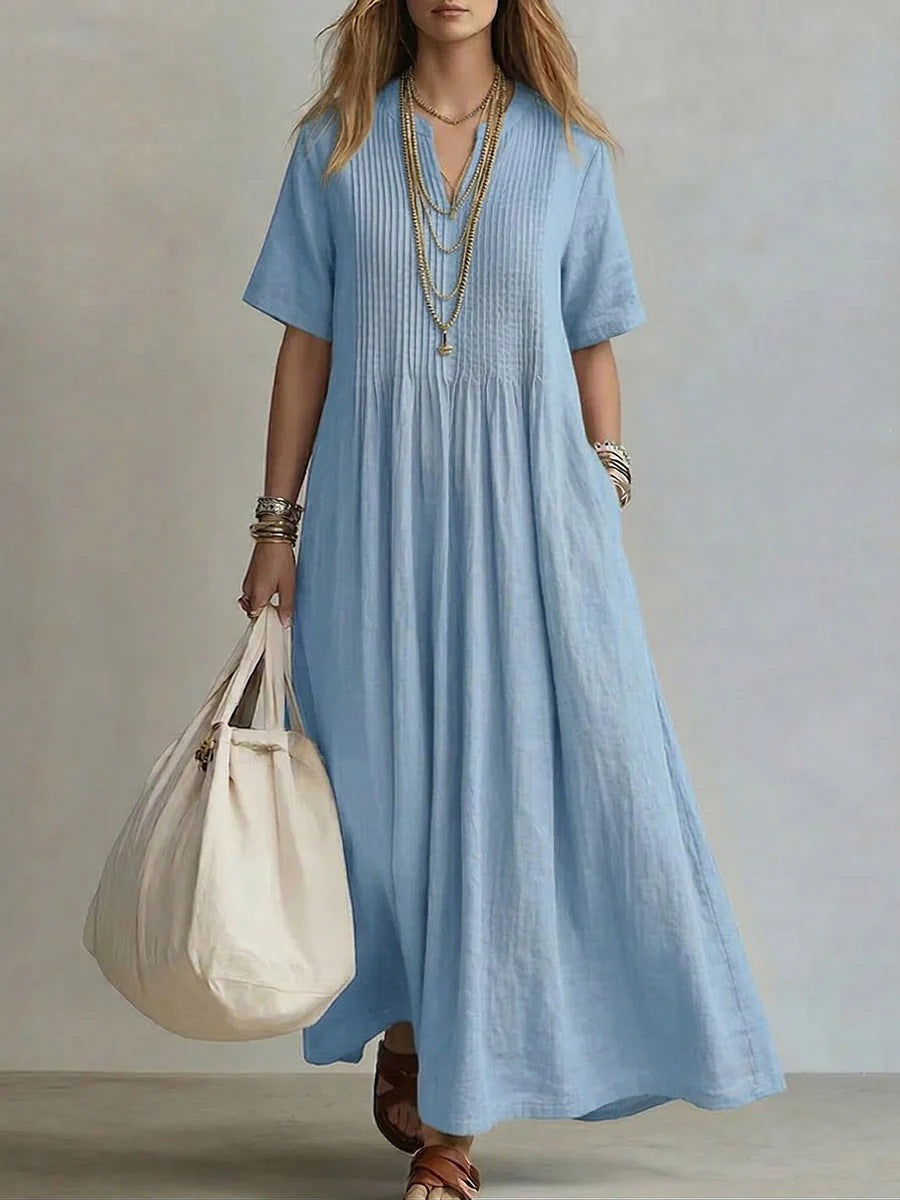Women's V-Neck Pleated Cotton Linen Dress