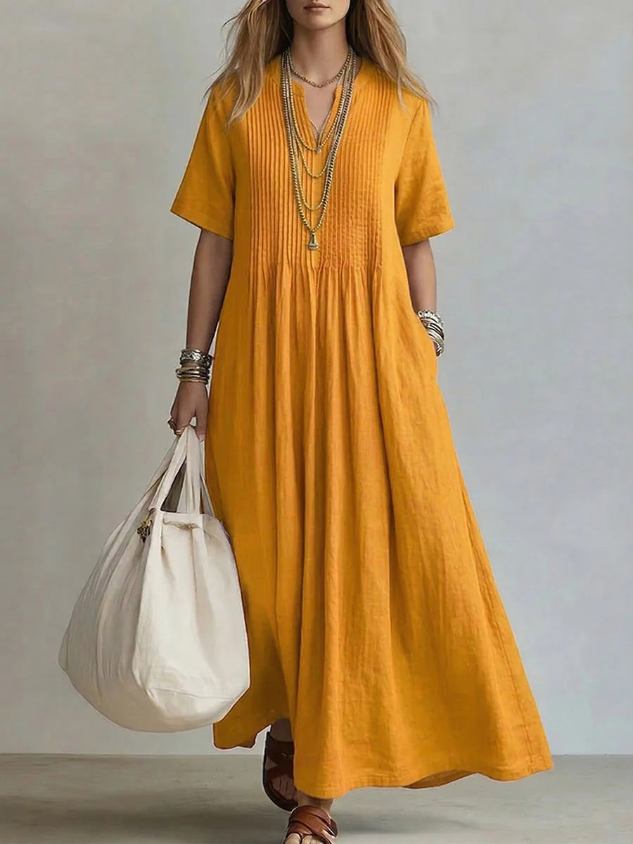 Women's V-Neck Pleated Cotton Linen Dress