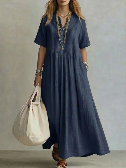 Women's V-Neck Pleated Cotton Linen Dress