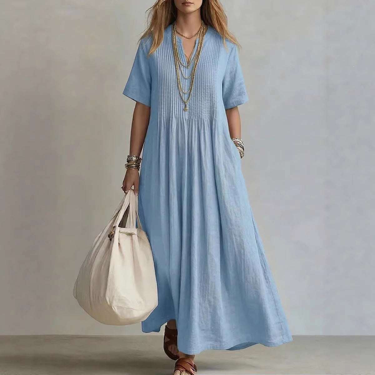 Women's V-Neck Pleated Cotton Linen Dress