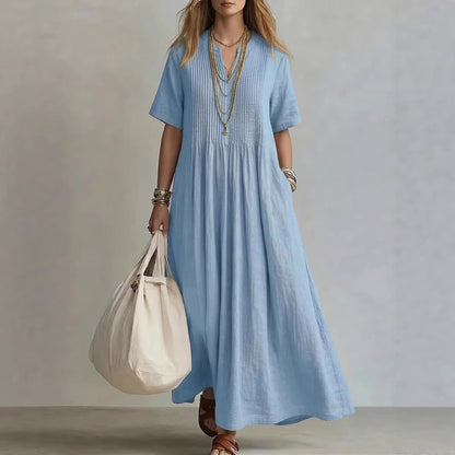 Women's V-Neck Pleated Cotton Linen Dress