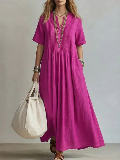 Women's V-Neck Pleated Cotton Linen Dress