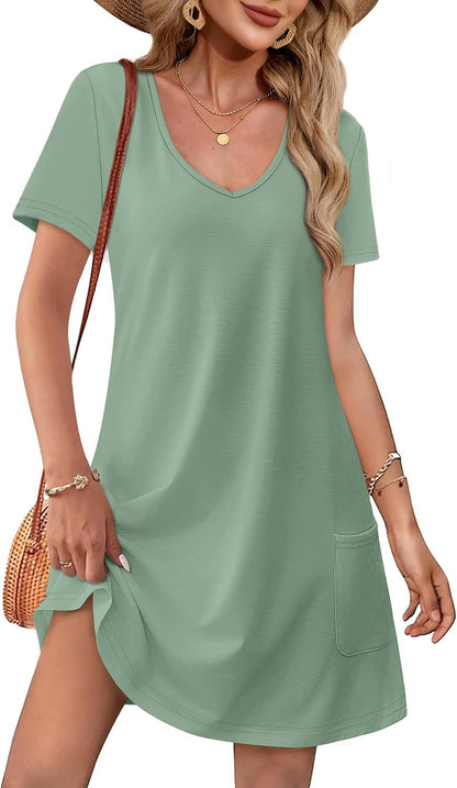 Women's V-Neck Pocket A-Line Summer Dress