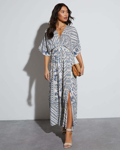 Women's V-Neck Printed A-Line Short Sleeve Dress
