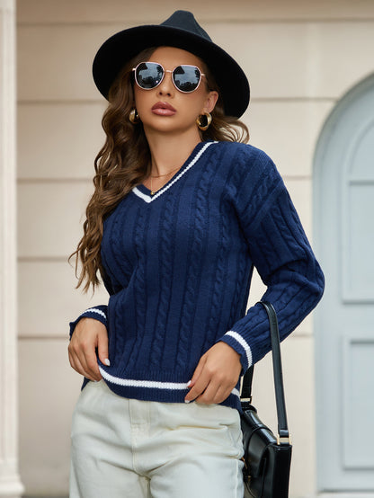 Women's V-neck Pullover Sweater with Twist Thread Detail