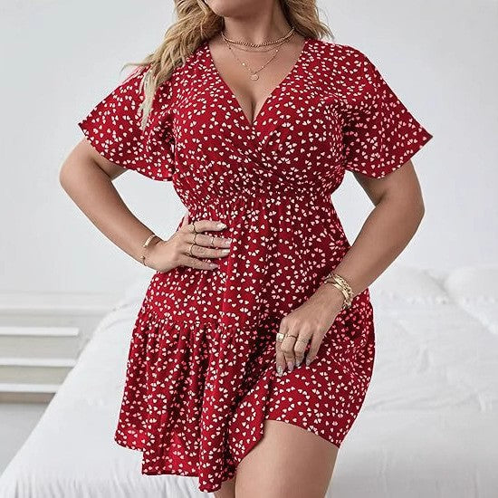 Women's V-Neck Ruffled Short-Sleeve Wrap Dress