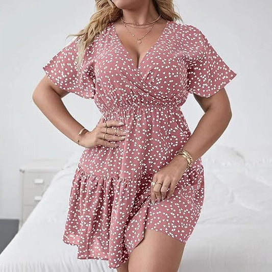 Women's V-Neck Ruffled Short-Sleeve Wrap Dress