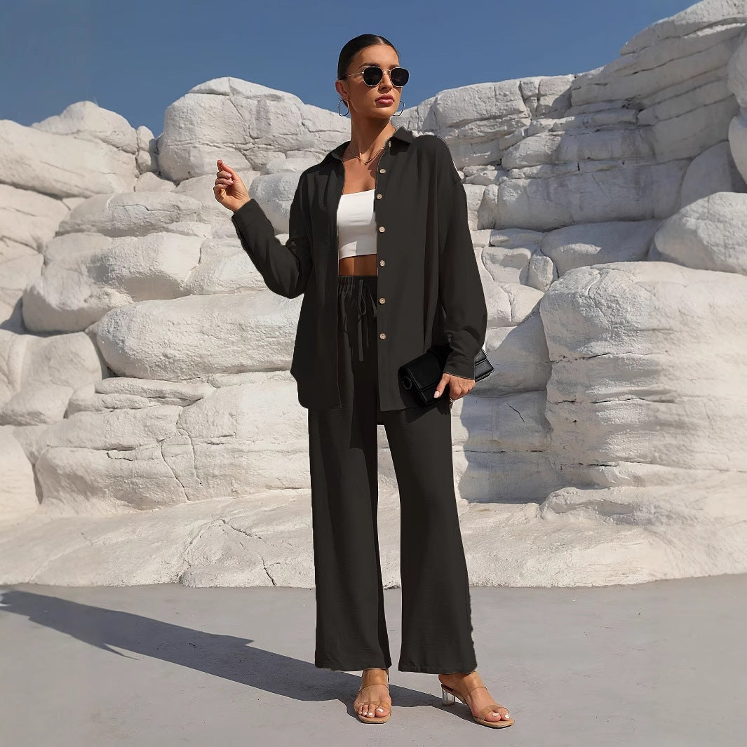 Women's Vintage High-Waisted Wide-Leg Shirt-Style Pantsuit