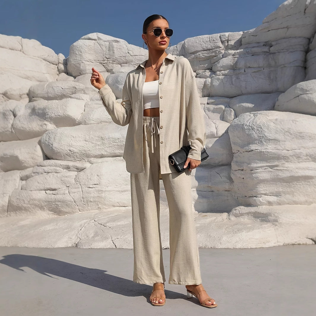 Women's Vintage High-Waisted Wide-Leg Shirt-Style Pantsuit