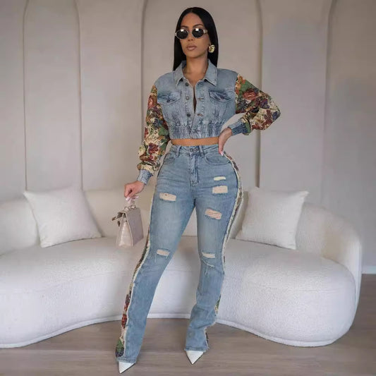 Women's Vintage Jeans Patchwork 2-Piece Set