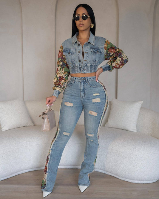 Women's Vintage Jeans Patchwork 2-Piece Set