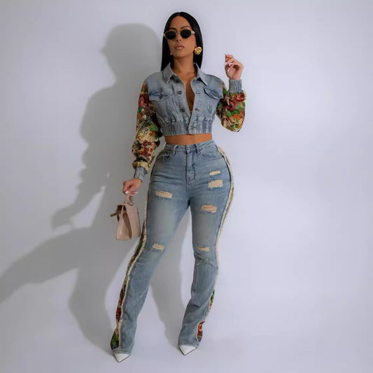 Women's Vintage Jeans Patchwork 2-Piece Set