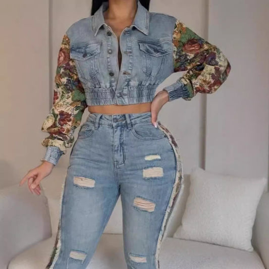 Women's Vintage Jeans Patchwork 2-Piece Set