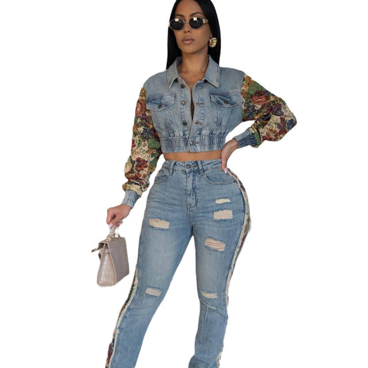 Women's Vintage Jeans Patchwork 2-Piece Set