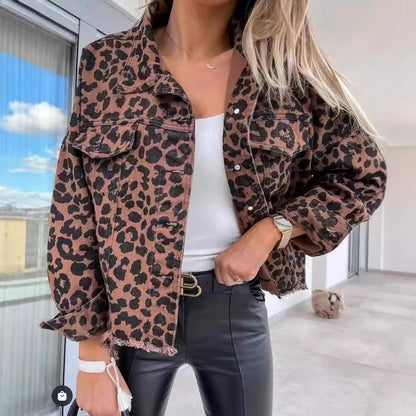 Women's Vintage Washed Leopard Print Denim Jacket