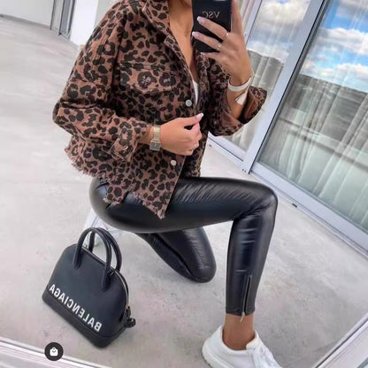 Women's Vintage Washed Leopard Print Denim Jacket