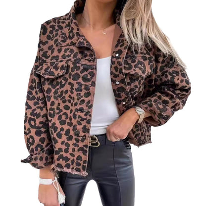 Women's Vintage Washed Leopard Print Denim Jacket