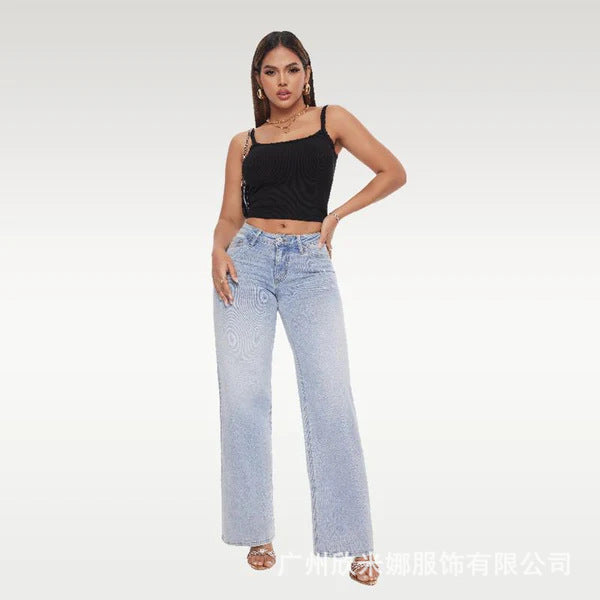Women's Washed Loose Micro-Flared Mid-Rise Jeans
