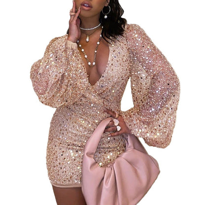 Women's Wear dress Long Sleeve V-Neck Sequin Waisted Hip Skirt