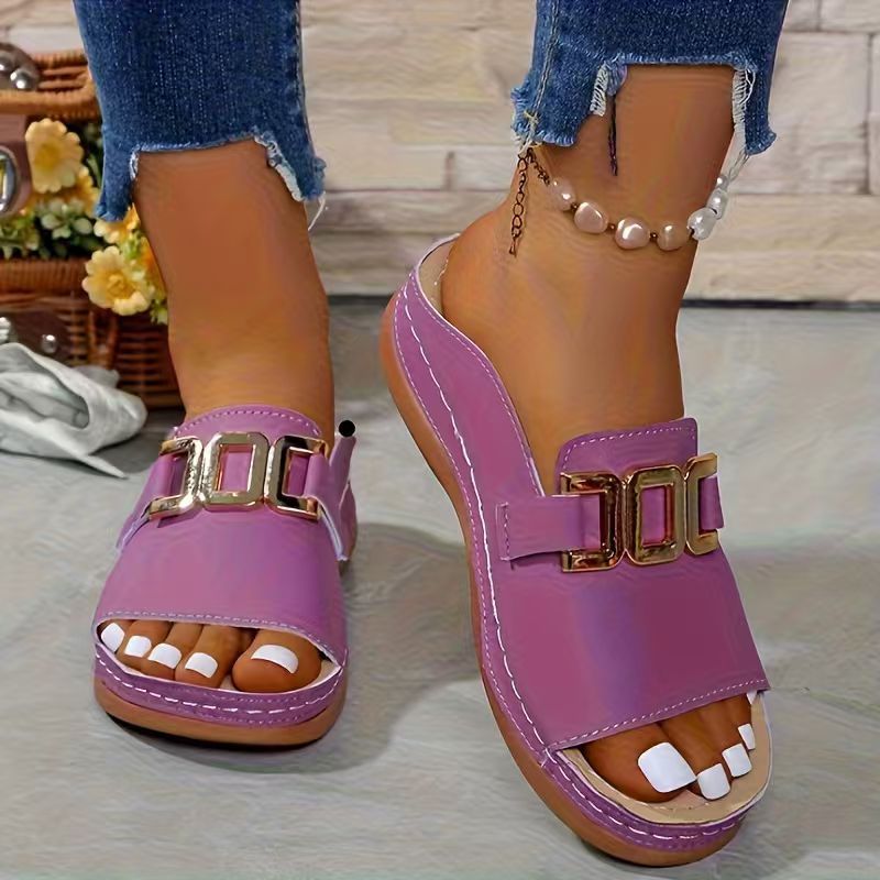 Women's Wedge Fish Mouth Sandals with Metal Buckle