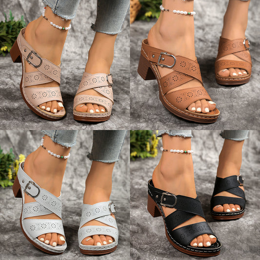 Women's Wedge Fish Mouth Slippers with One-Line Buckle