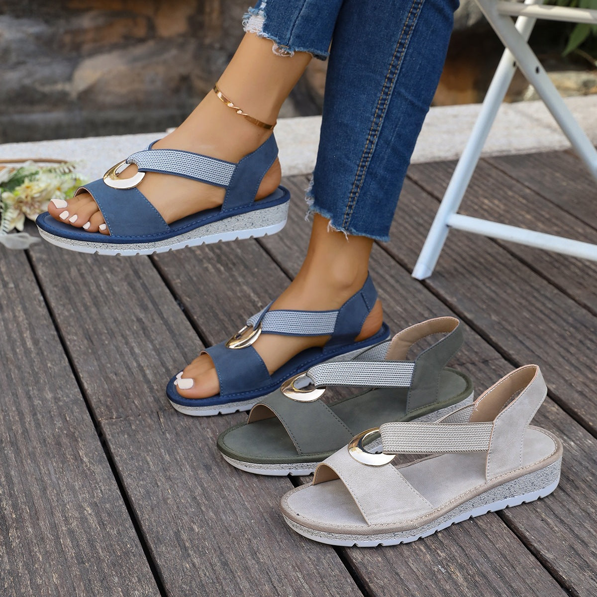 Women's Wedge Sandals with Metal Buckle