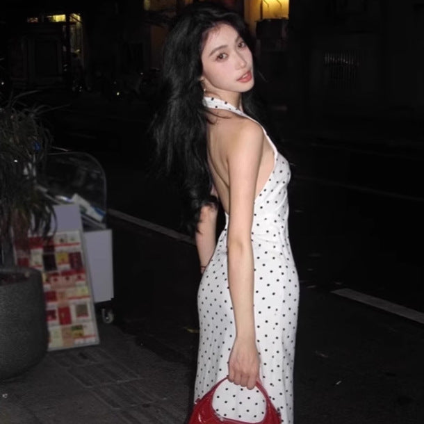 Women's White Polka Dot Halter Neck Dress