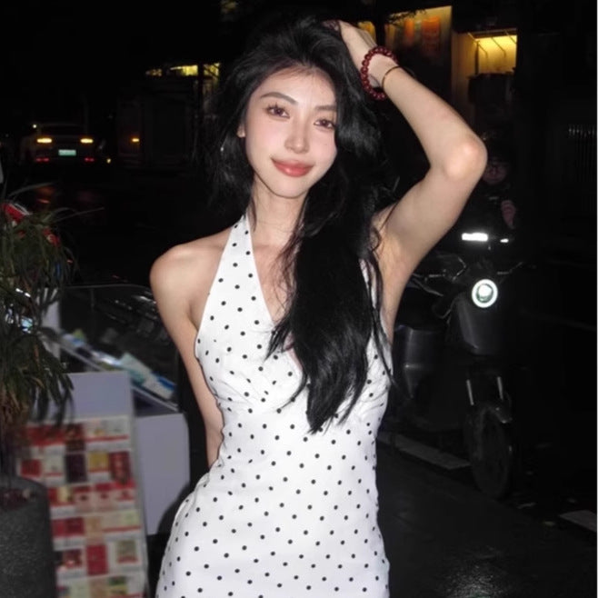 Women's White Polka Dot Halter Neck Dress