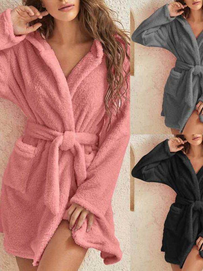 Women's Winter Warm Bathrobe Flannel Robe Coral Fleece Hooded Loungewear New